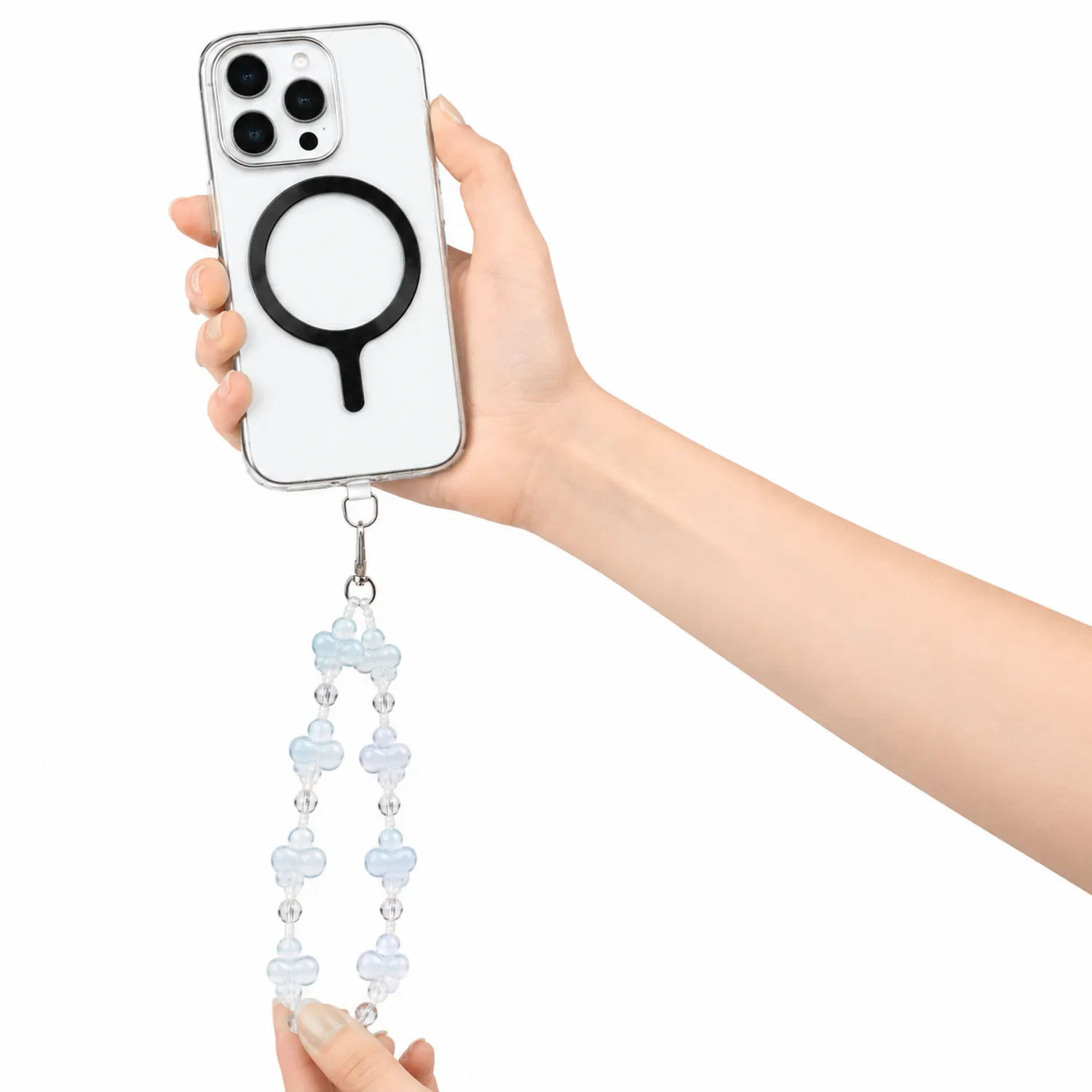 Cordoncino Decorativo per Smartphone con Perle Azzurre e Trasparenti