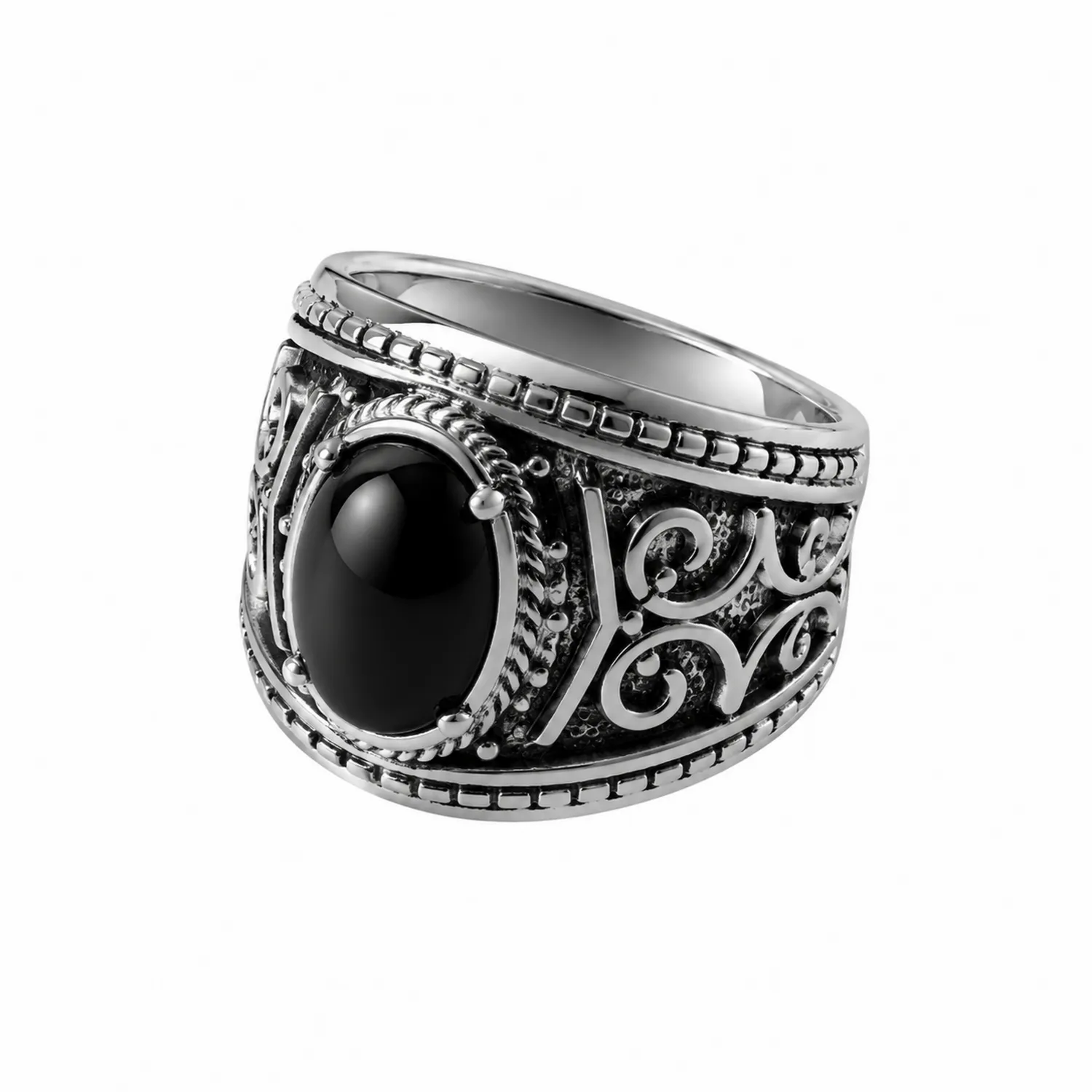 Anello Argento Vintage con Pietra Nera Ovale