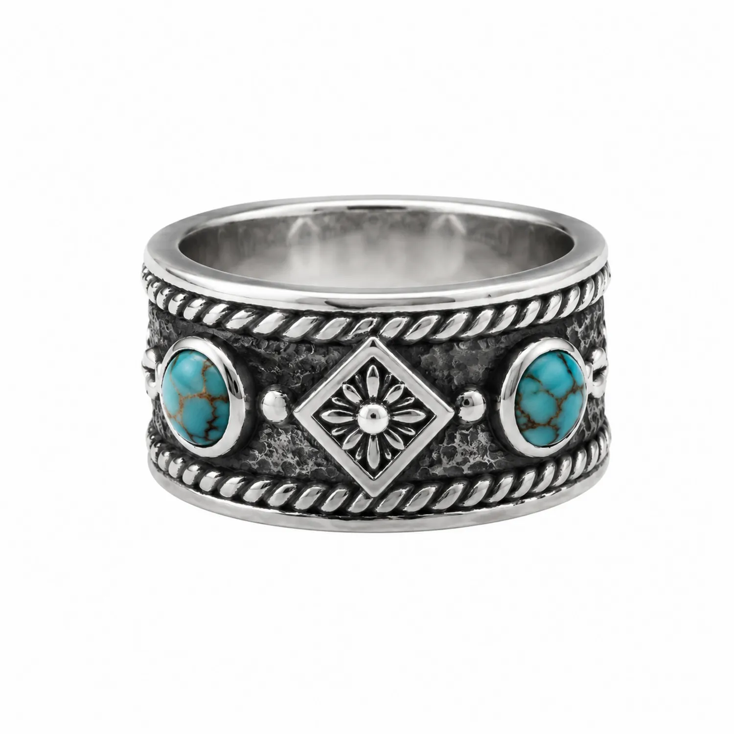 Anello etnico in argento con pietre turchesi