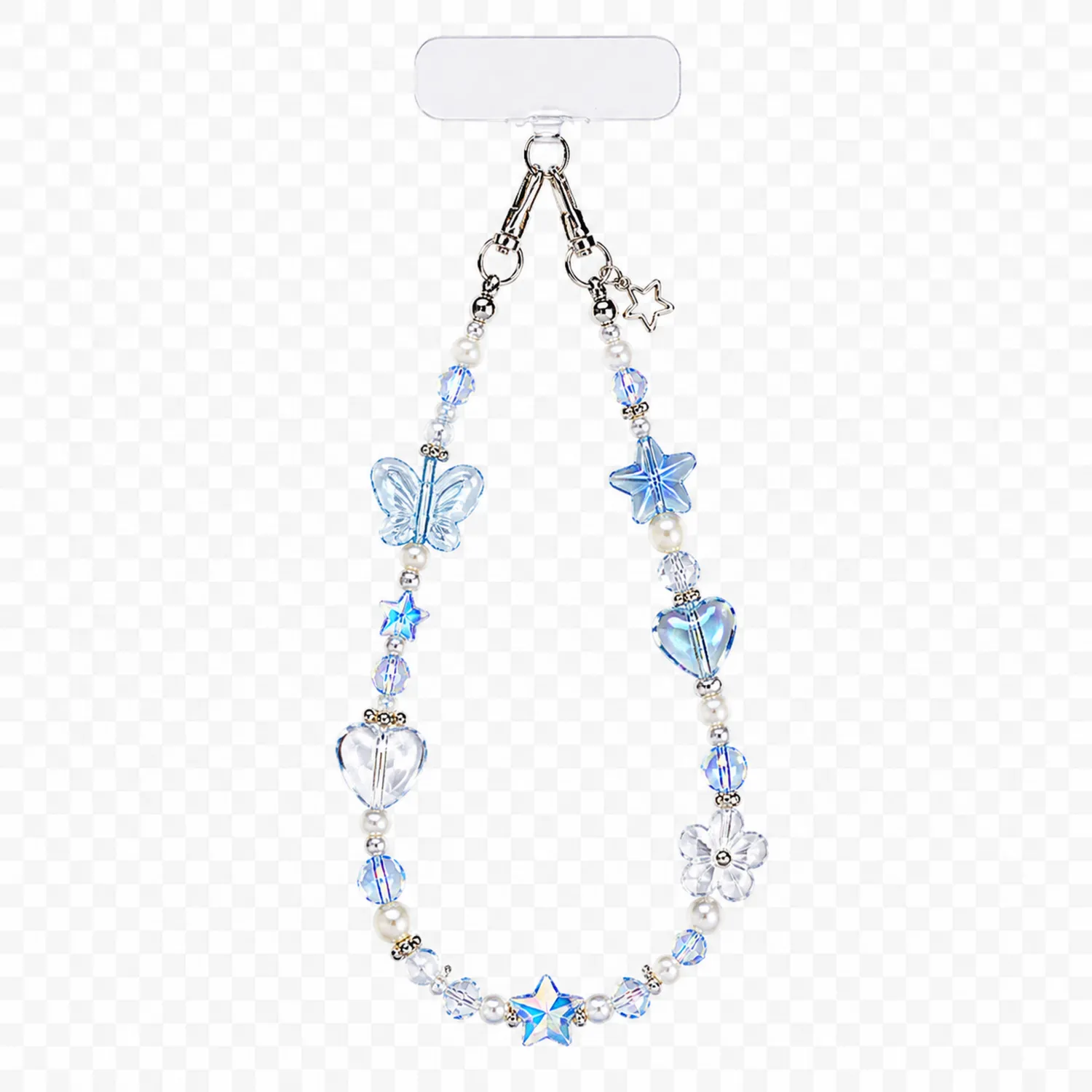 Catenina Decorativa per Telefono con Cristalli Blu e Ciondoli a Forma di Farfalla e Stella