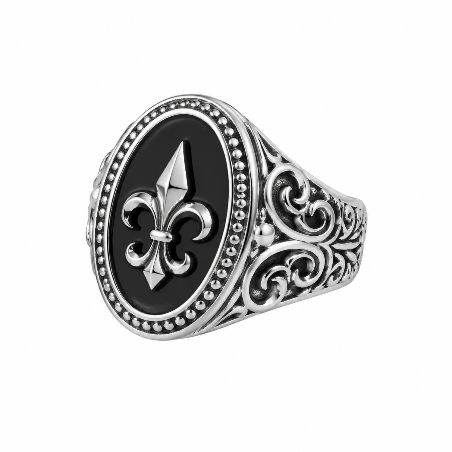 Anello Gotico Uomo con Giglio Nero e Argento
