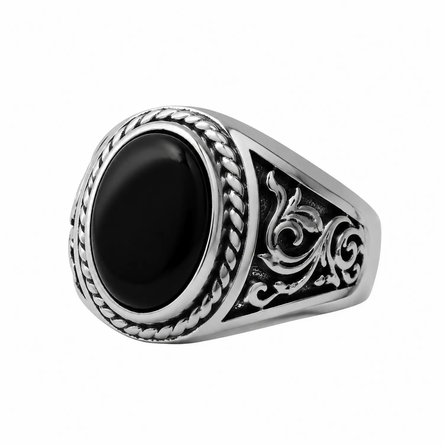 Anello da Uomo con Pietra Nera e Design Inciso