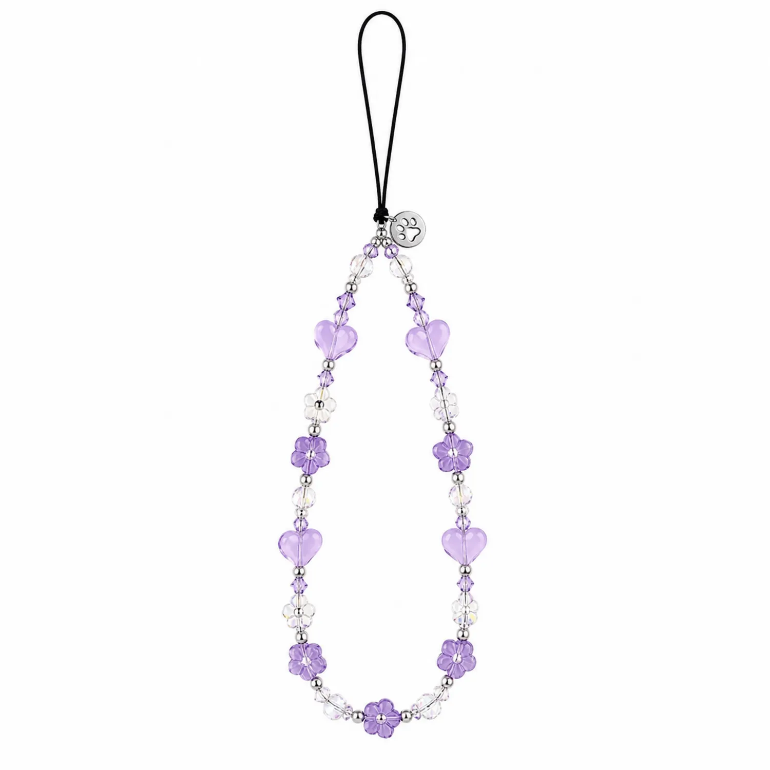 Portachiavi Decorativo per Cellulare con Perline Cuore e Fiore Viola