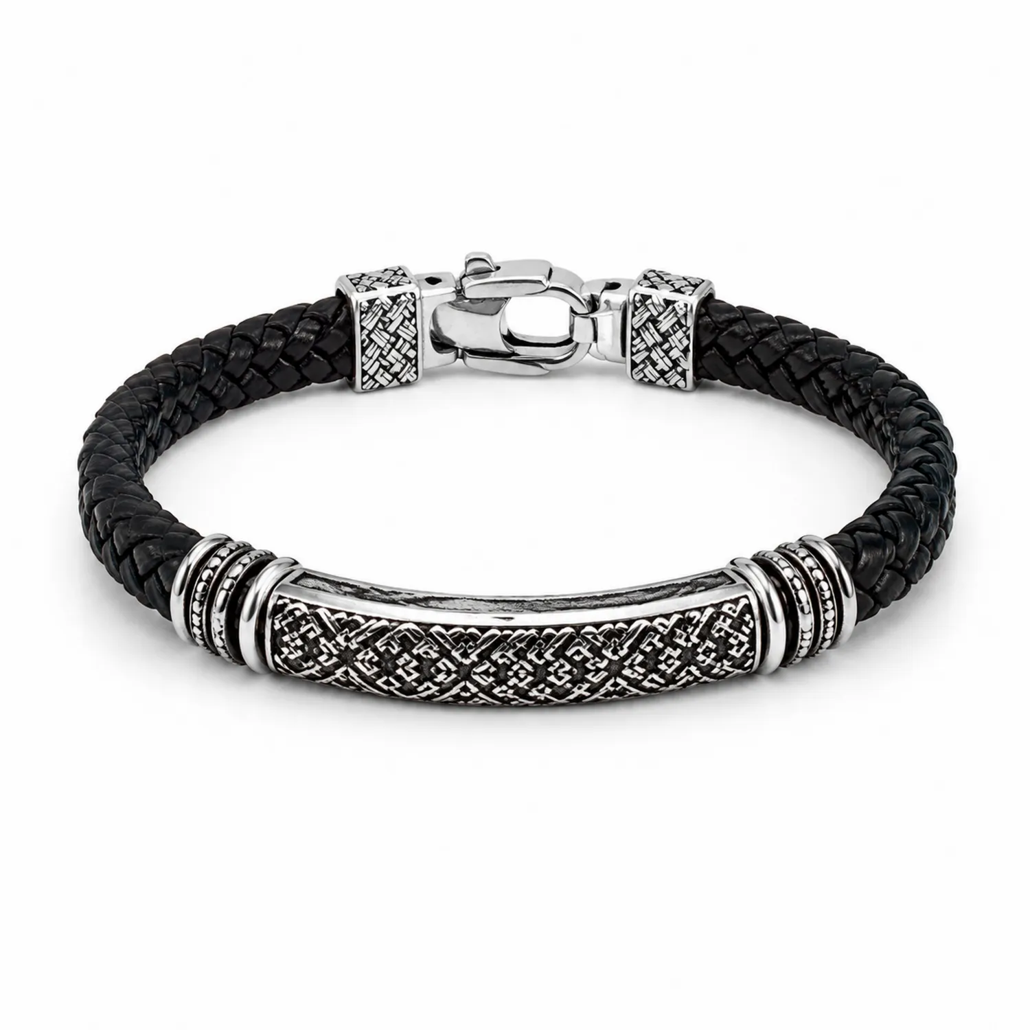 Bracciale in Pelle Intrecciata Nero con Dettagli in Argento