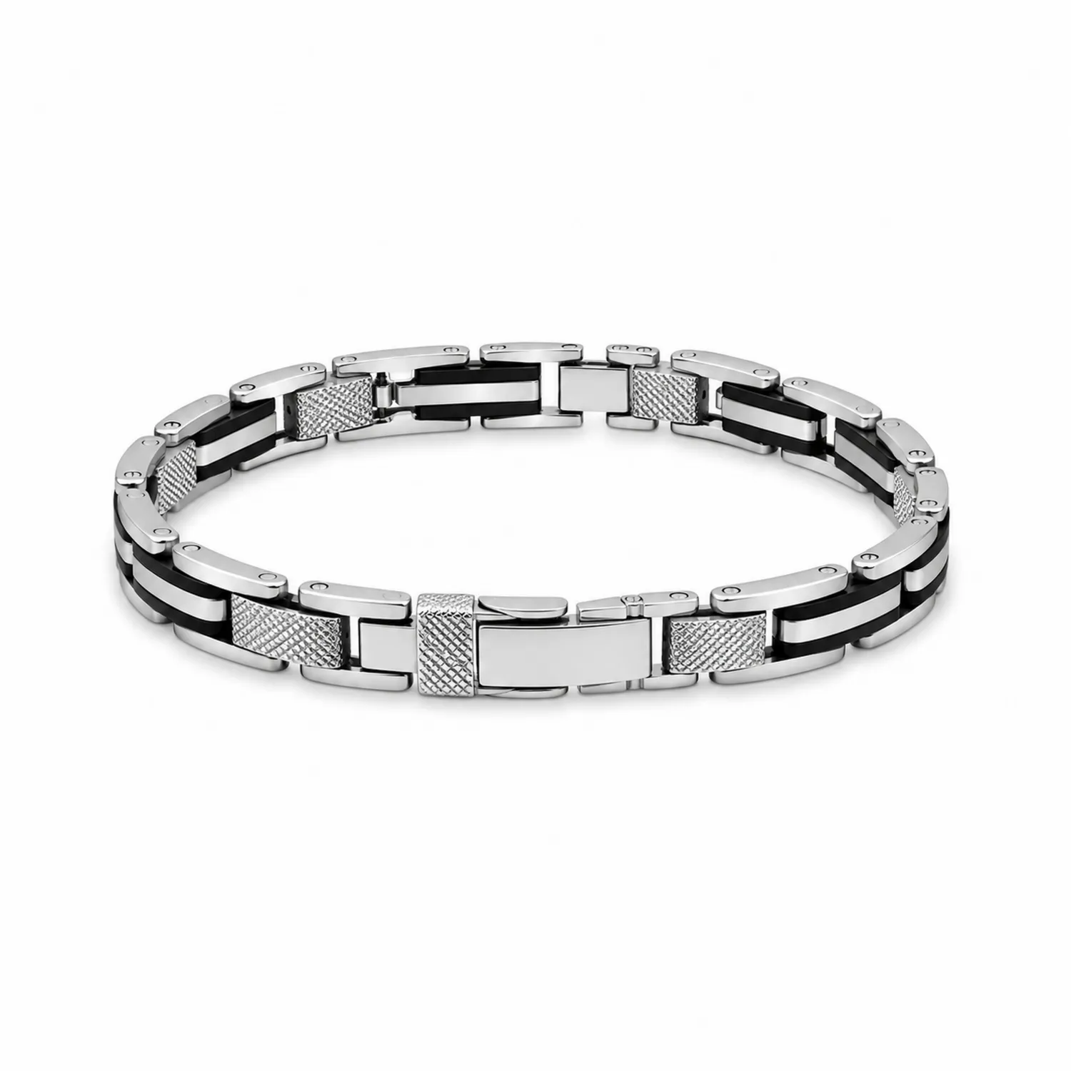 Bracciale Uomo Acciaio Inossidabile Argento Nero 21cm