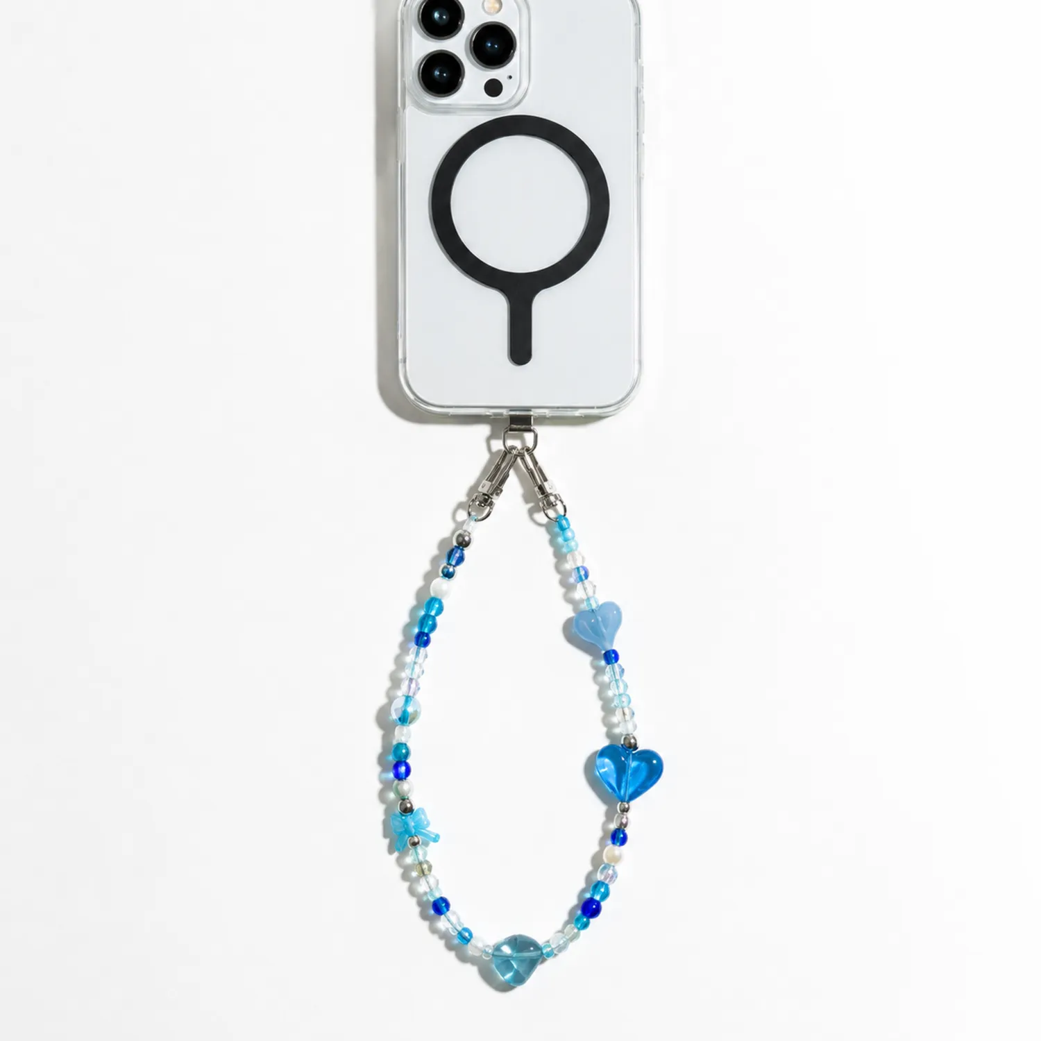 Cinturino Decorativo per Telefono con Perline e Cuori Azzurri