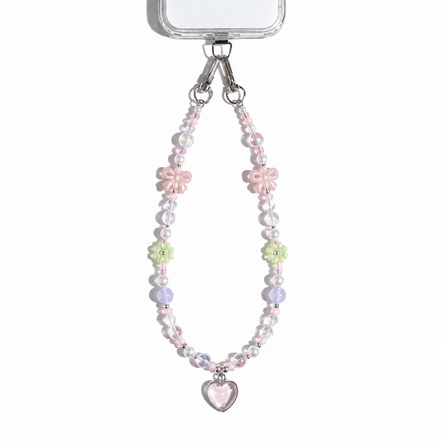 Cordino per Cellulare con Perline Rosa, Verde e Viola con Ciondolo a Cuore
