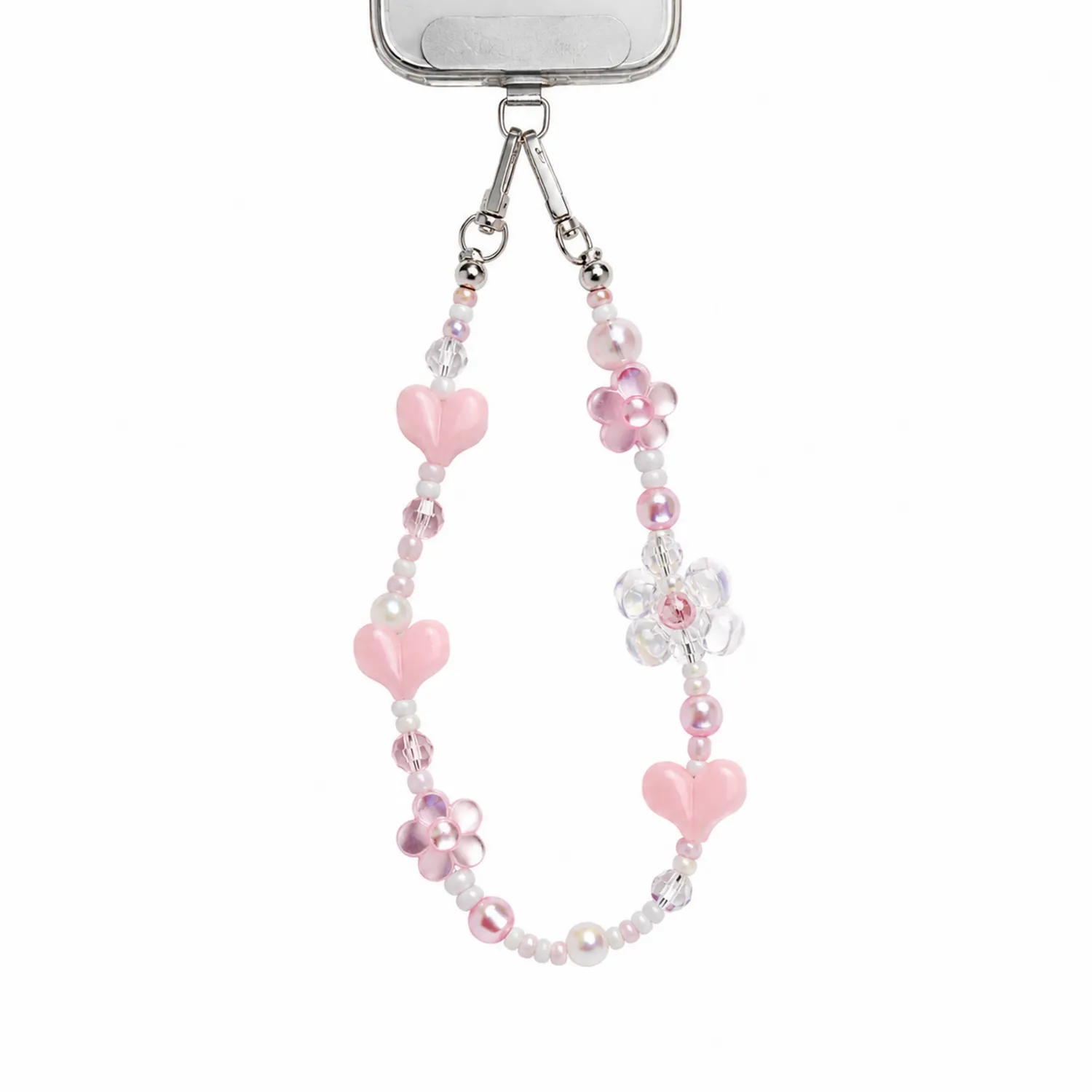 Cinturino Decorativo Rosa per Smartphone con Perline a Cuore e Fiore