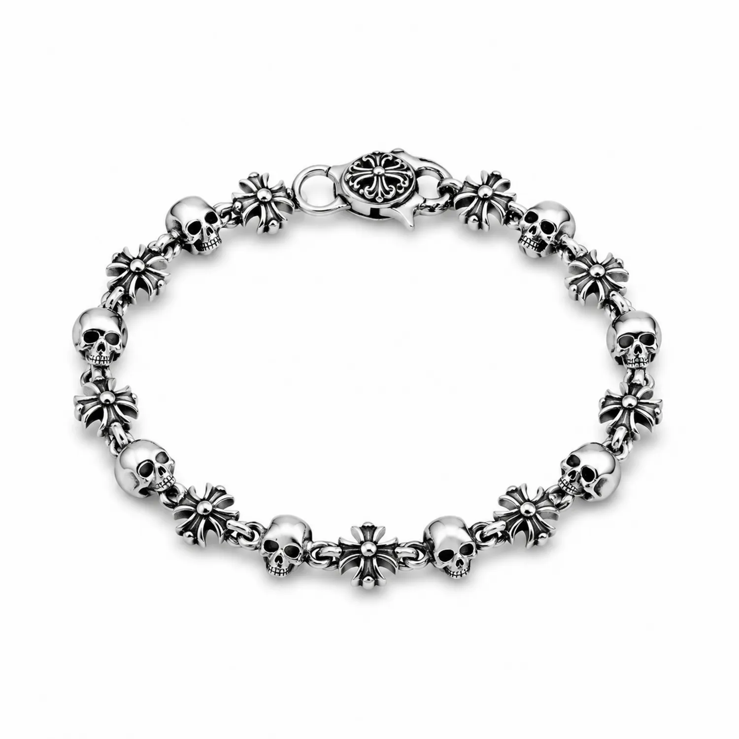Bracciale Gotico con Teschi, 20 cm, Argento