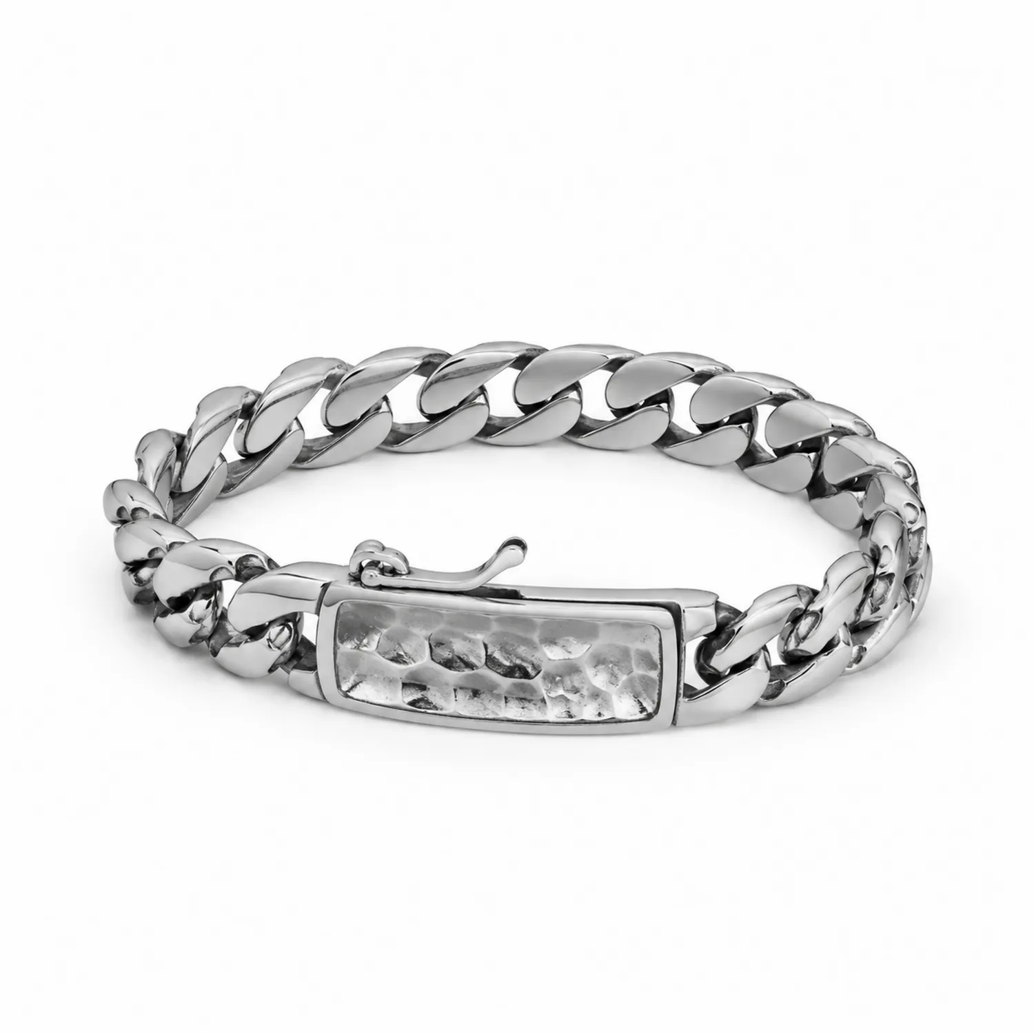 Bracciale Grande Maglia con Placca Argento Martellato