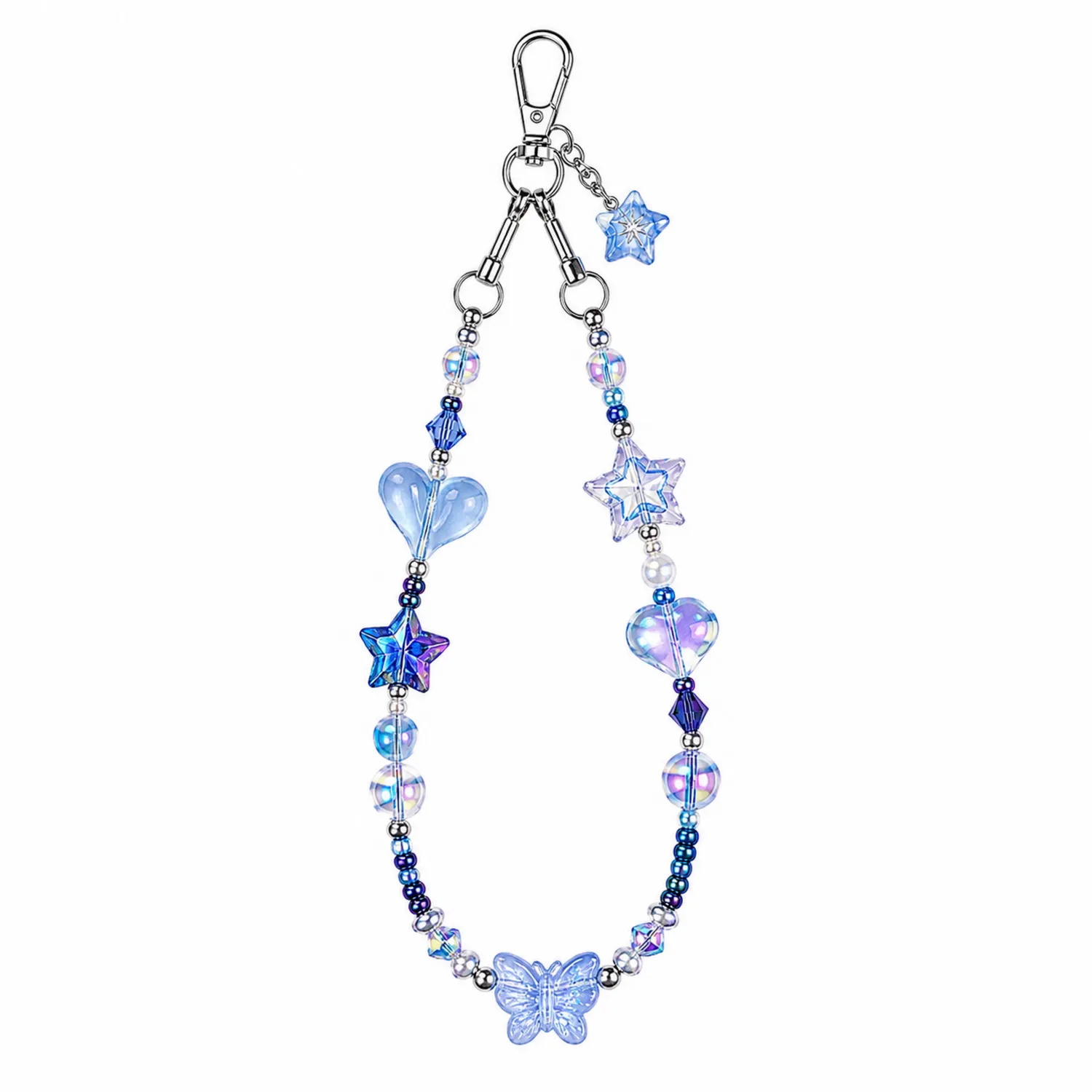 Catenella per Telefono con Perle e Charms a Forma di Stella e Farfalla Blu Viola