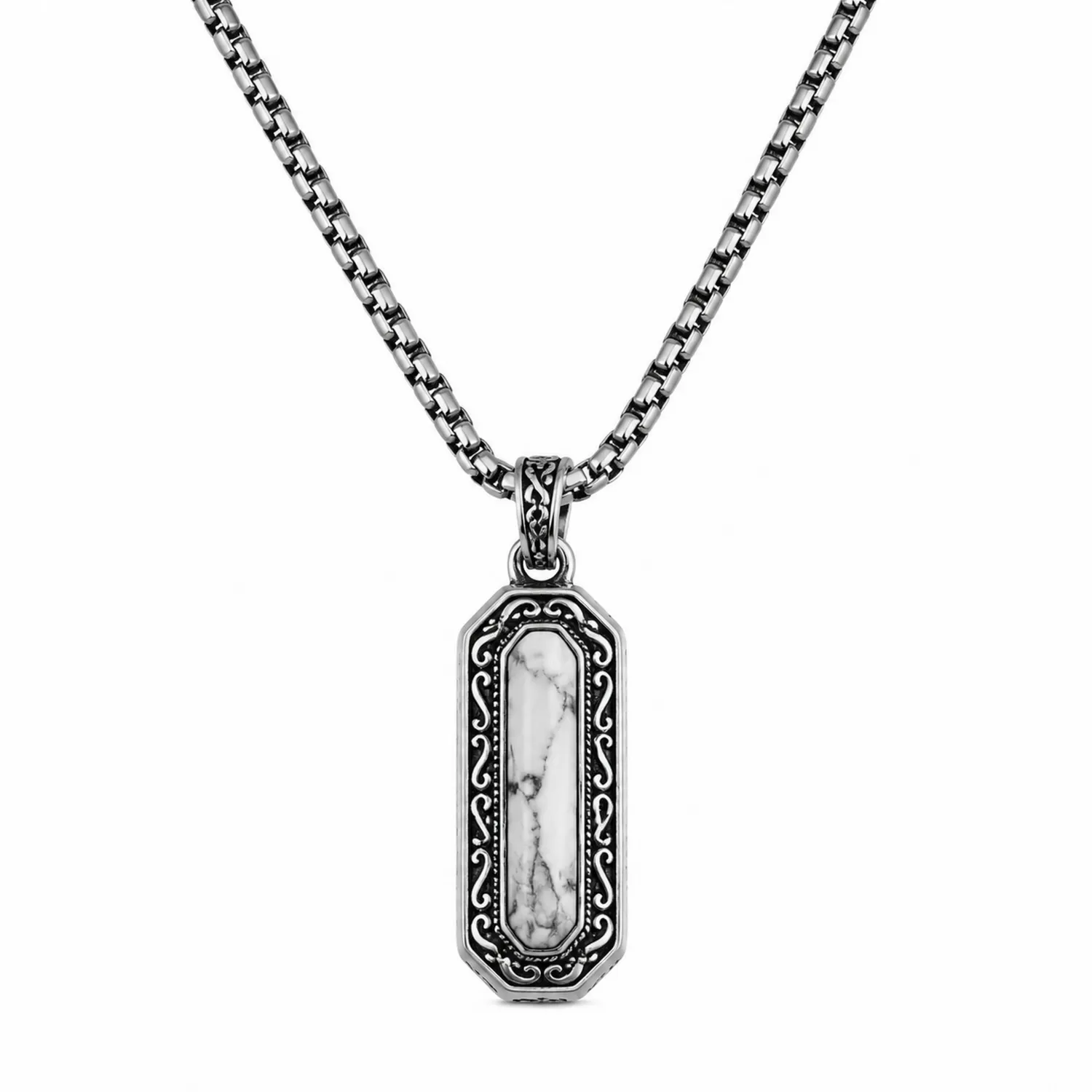 Collana con Pendente Rettangolare Vintage Elegante Bianco e Nero