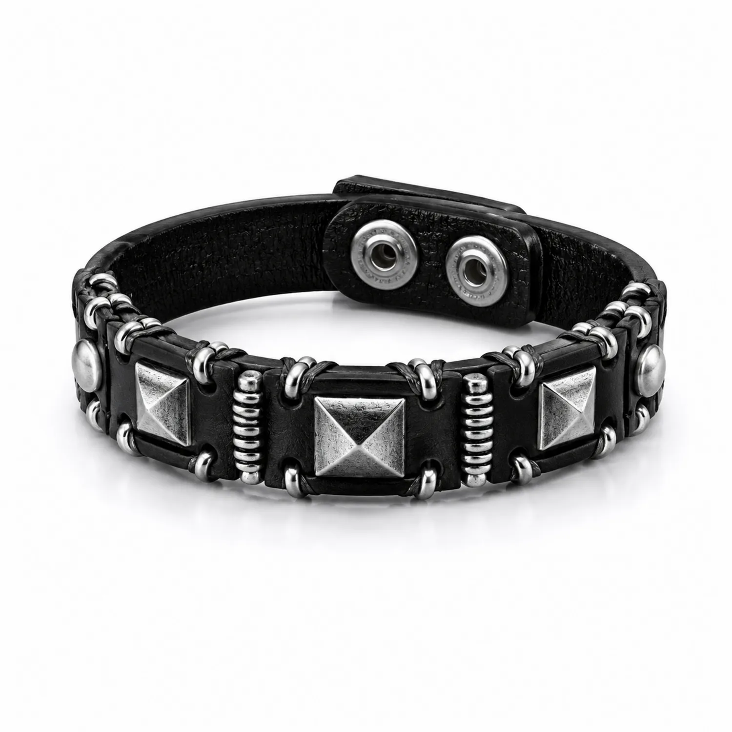 Bracciale in Pelle con Borchie Quadrate Nero e Argento