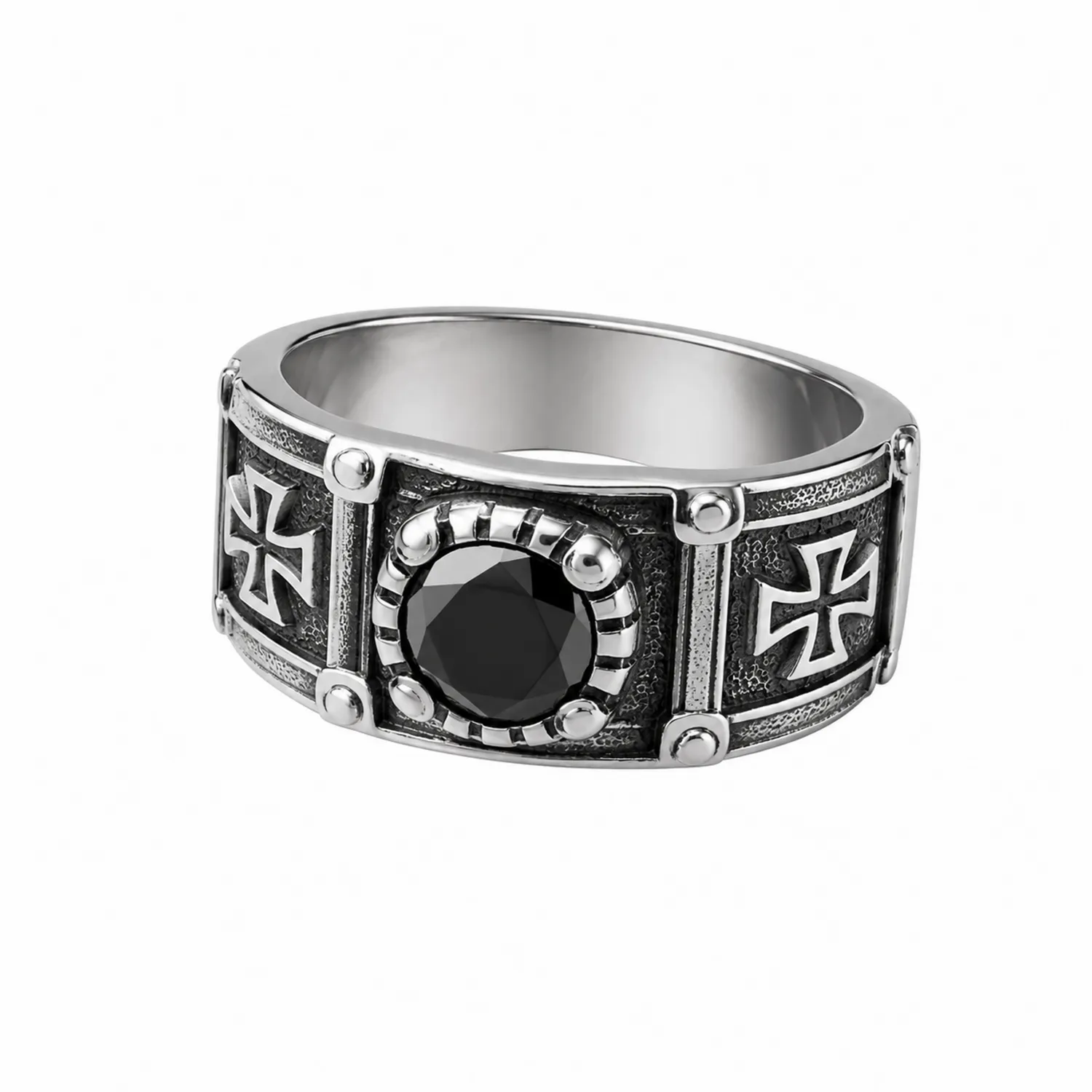 Anello gotico nero in acciaio con pietra centrale
