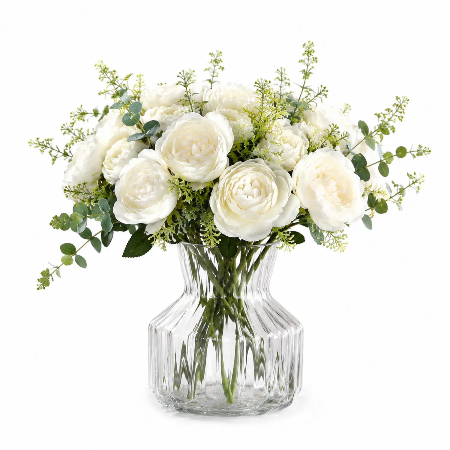 Bouquet di Peonie Artificiali in Vaso di Vetro Bianco