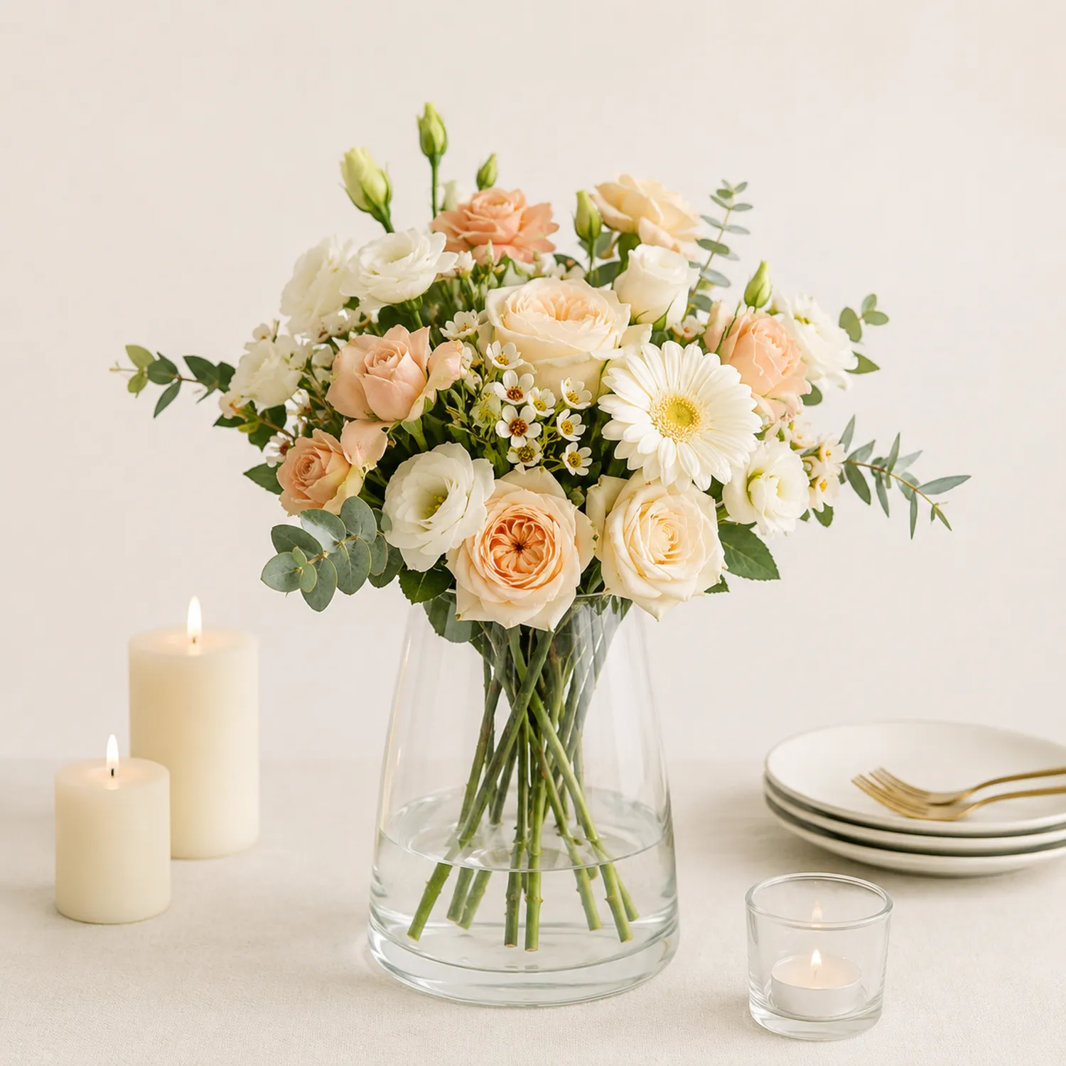 Bouquet di Fiori Freschi Rosa Bianco Crema con Rose e Gerbere