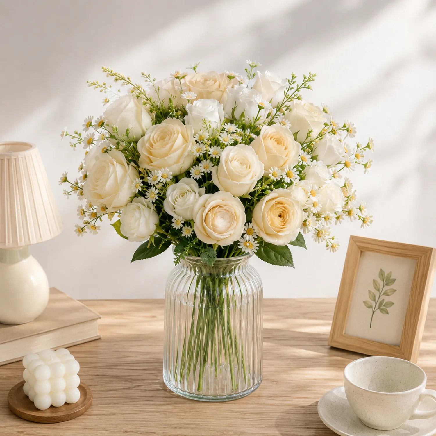 Bouquet di rose artificiali color crema e bianco con margherite vaso in vetro