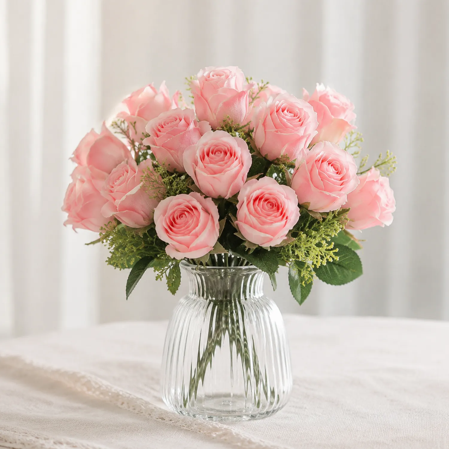 Mazzo di Rose Artificiali Rosa con Vaso di Vetro