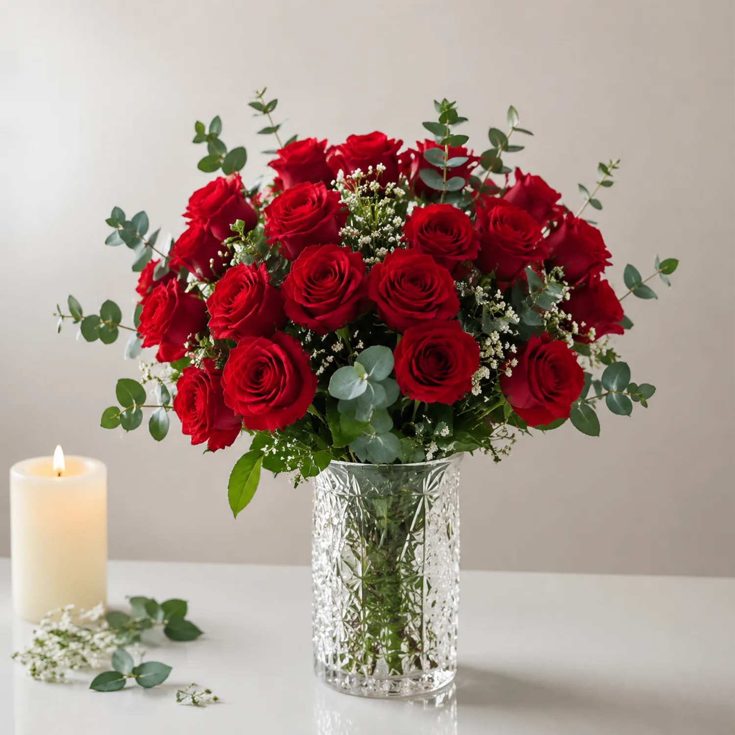 Bouquet di Rose Rosse Artificiali con Foglie Verdi - 24 Fiori