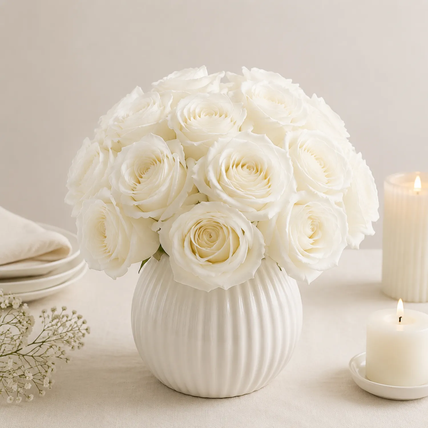 Bouquet di Rose Artificiali Bianche in Vaso Ceramico