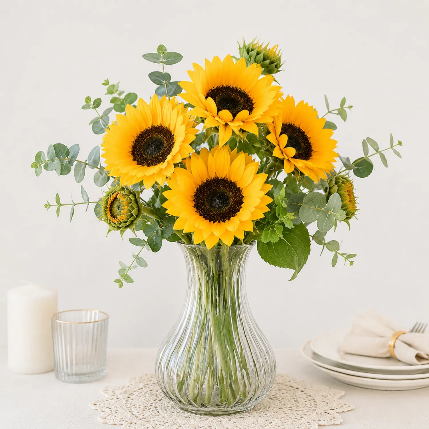 Bouquet Decorativo di Girasoli Artificiali Gialli con Eucalipto