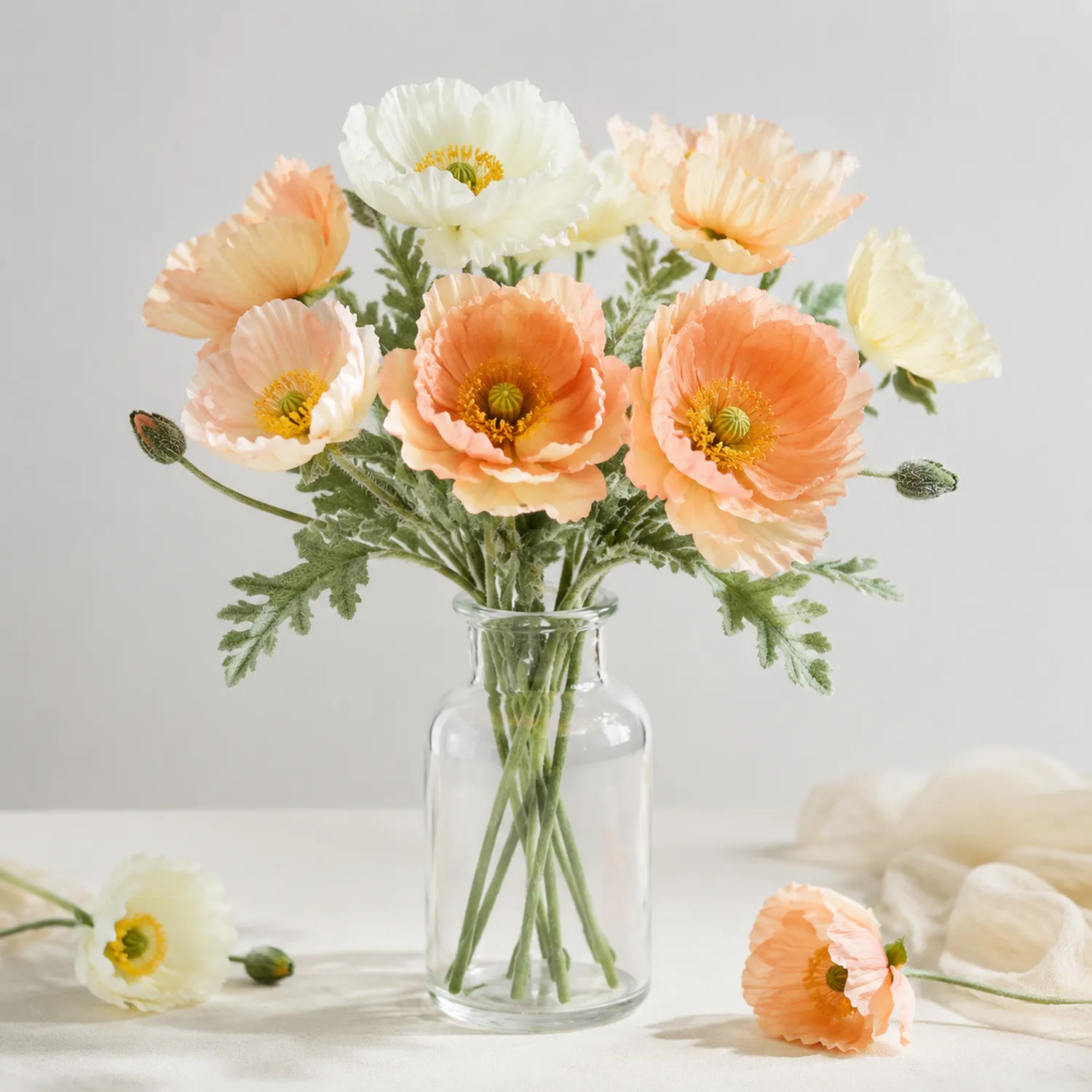Fiori Artificiali Papavero Decorativi Arancione e Bianco