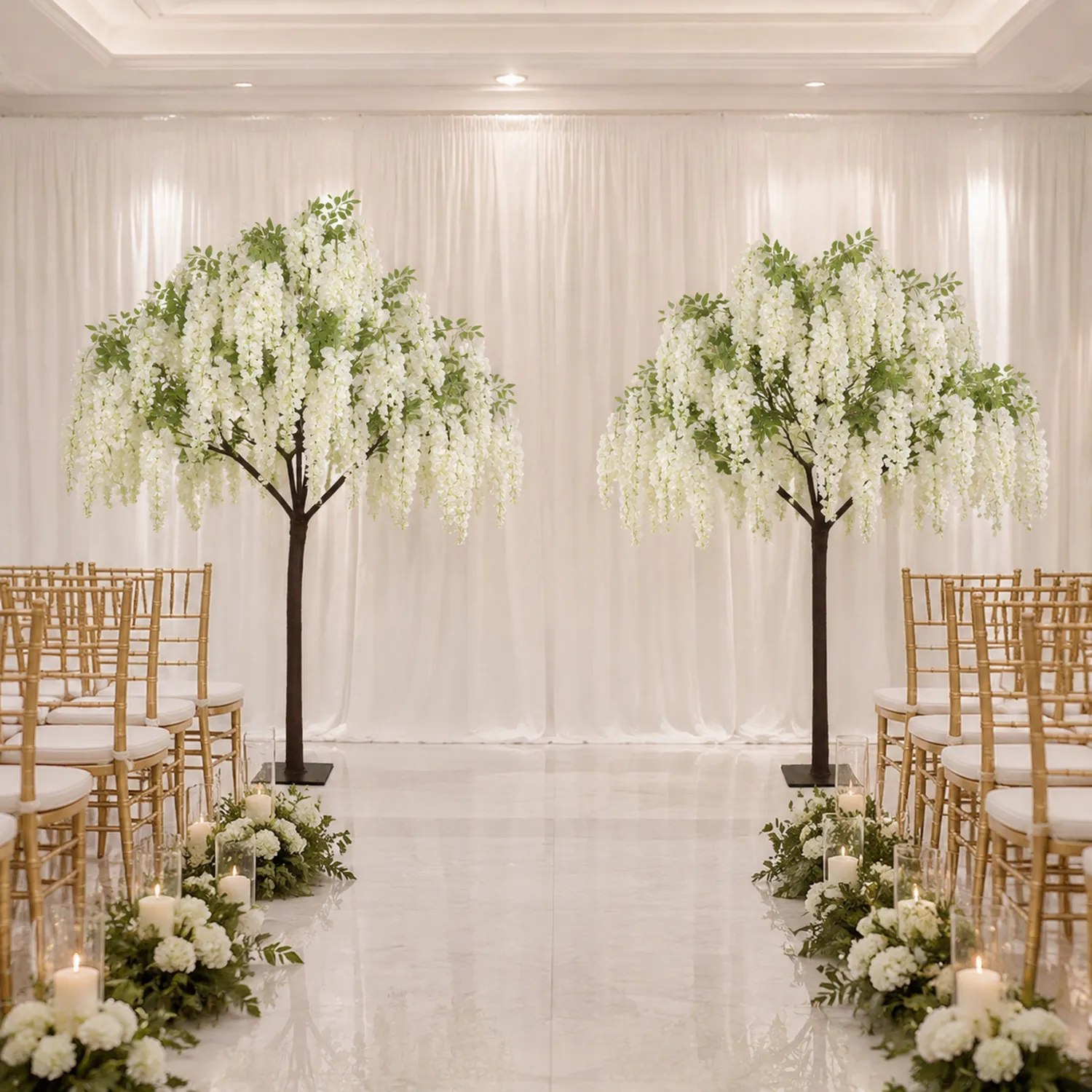 Albero Decorativo Artificiale con Fiori Cadenti Bianchi e Foglie Verdi, Alto 2 Metri