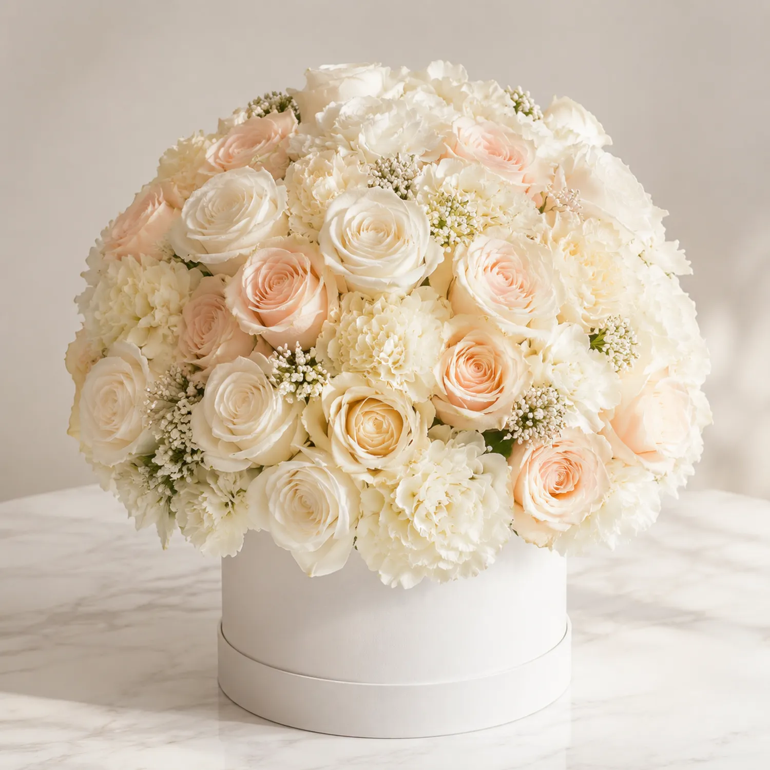 Composizione Floreale con Rose e Garofani Bianco e Rosa