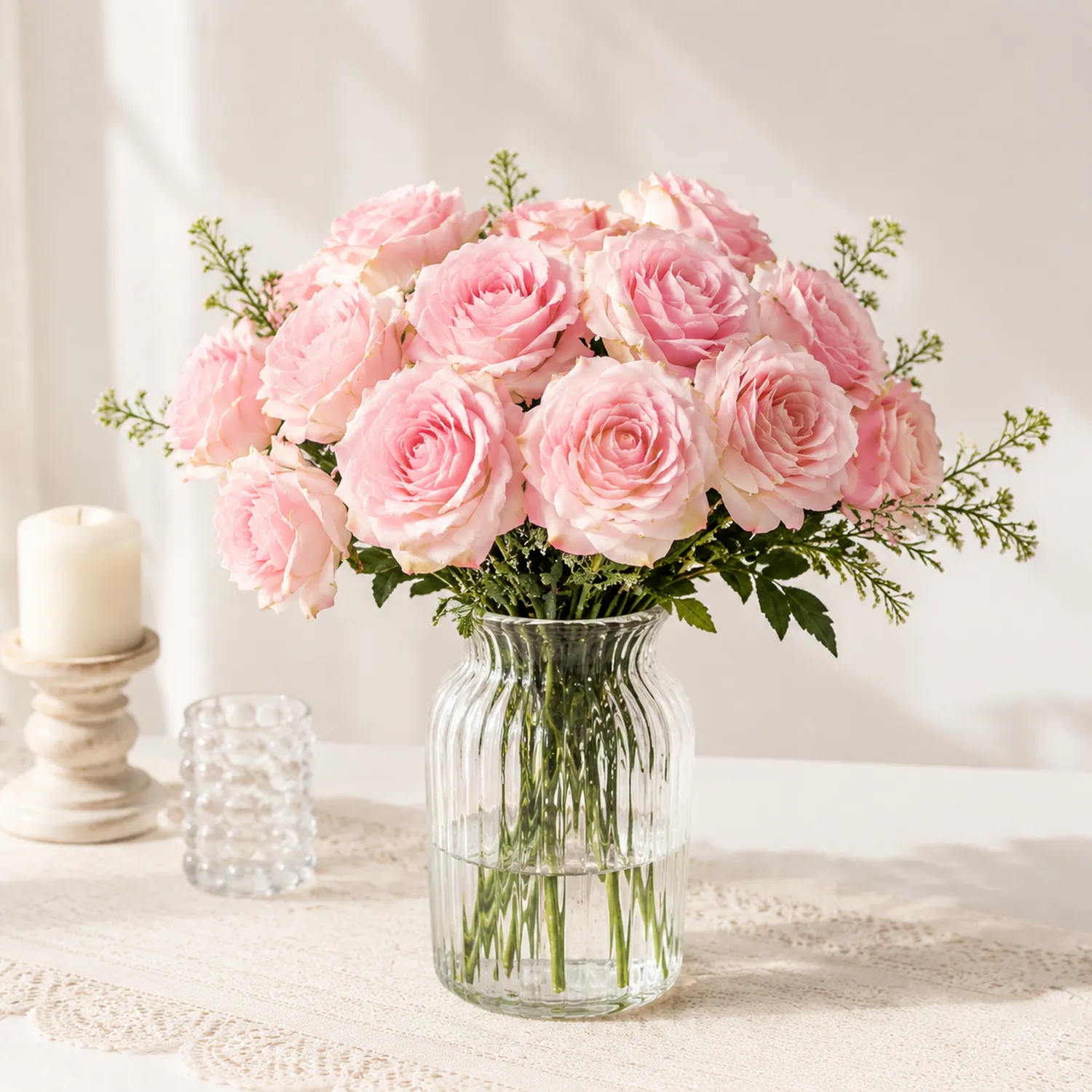 Rose Artificiali in Vaso di Vetro, Rosa Chiaro Realistiche