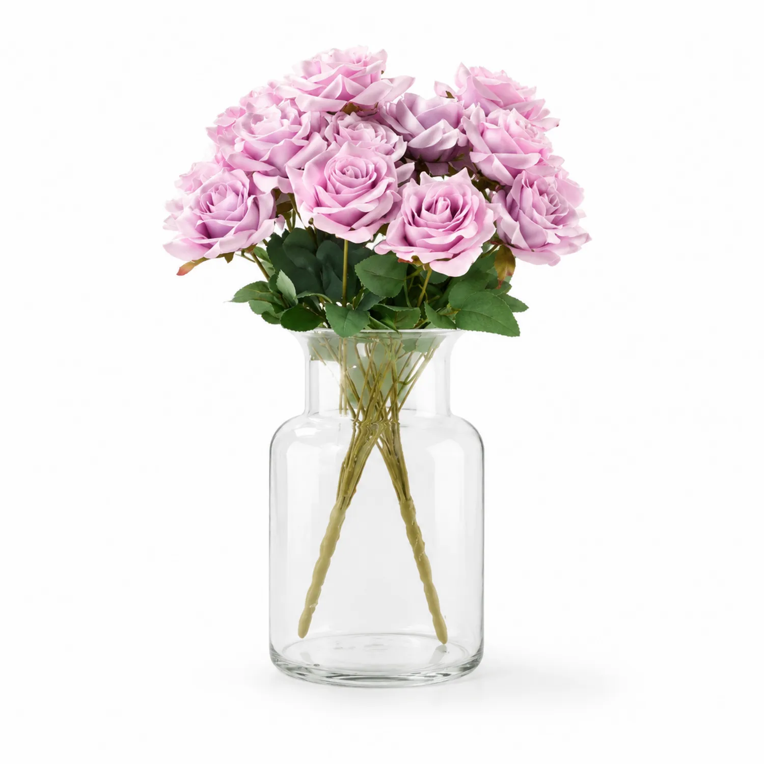 Composizione di Rose Artificiali in Vaso di Vetro Rosa