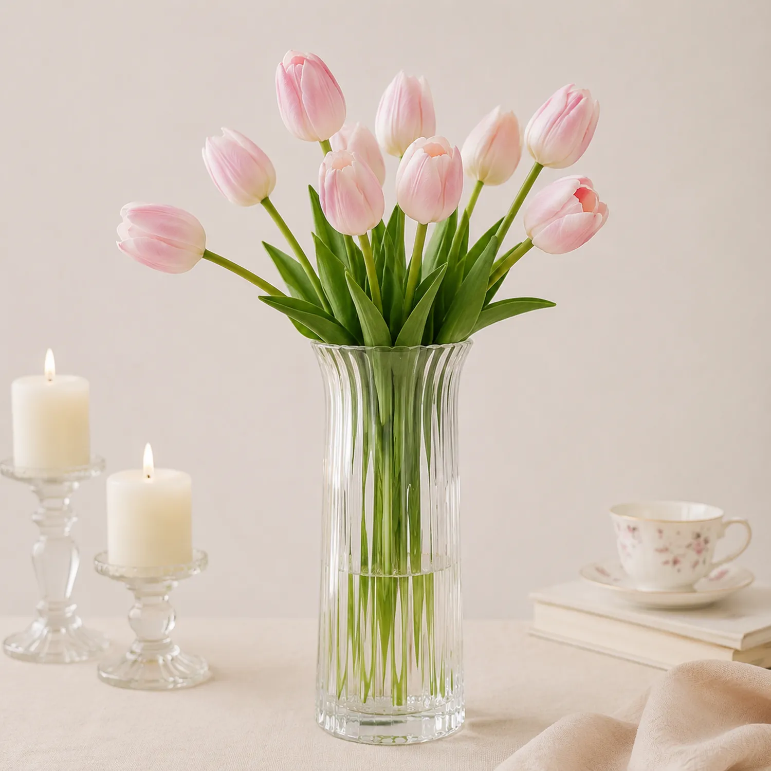 Tulipani Finti Rosa con Vaso di Vetro 10 Steli