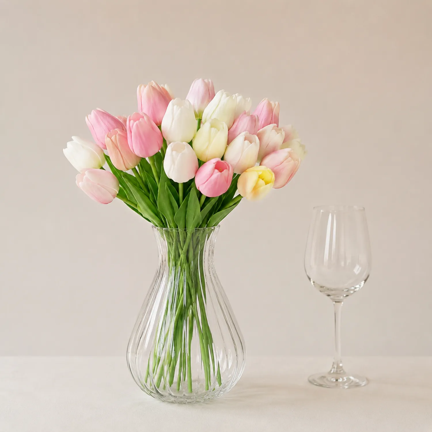 Tulipani Artificiali Rosa e Bianco, 40 cm, Set da 20