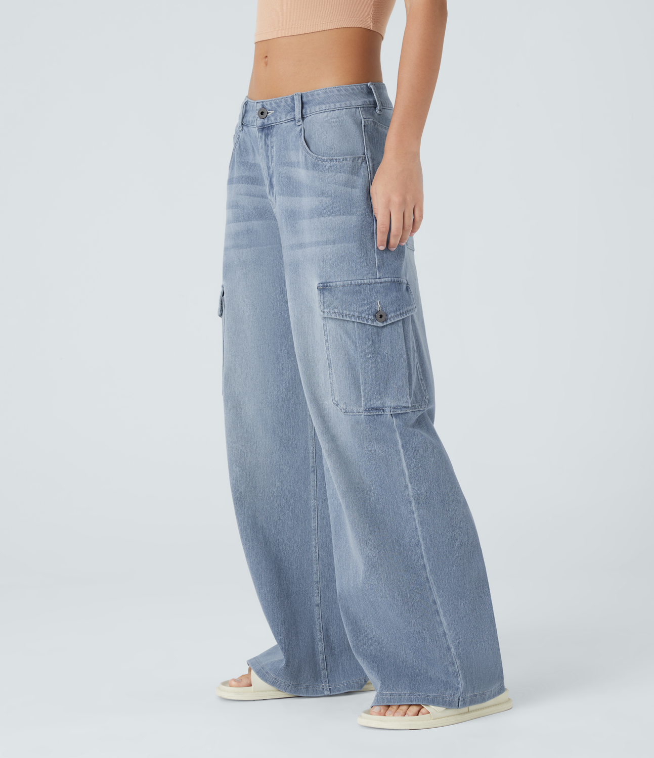 HalaraMagic Low Rise Multiple Pockets Stretchy Knit Casual Wide Leg Cargo Jeans