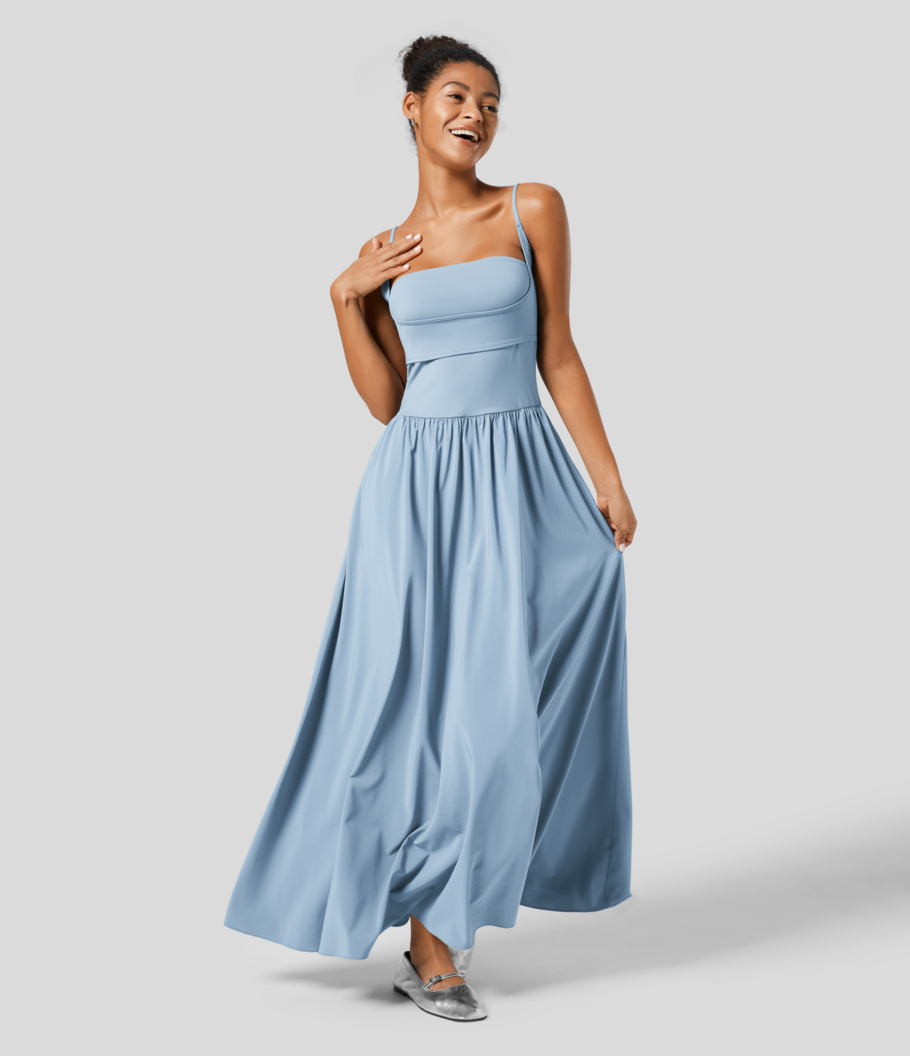 Breezeful Backless Side Pocket Plicated Flowy Flare Maxi Quick Dry Casual Slip Dress