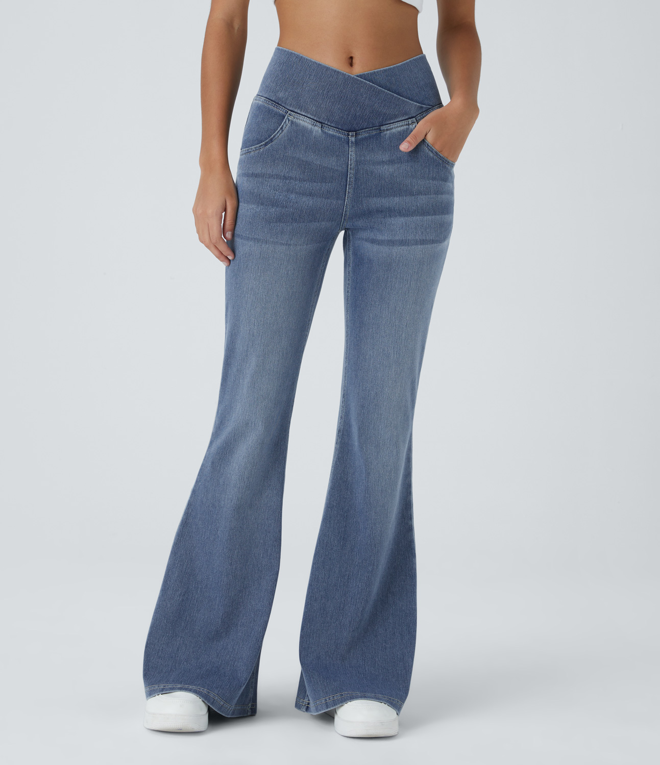 HalaraMagic High Waisted Crossover Pocket Washed Stretchy Knit Casual Flare Jeans