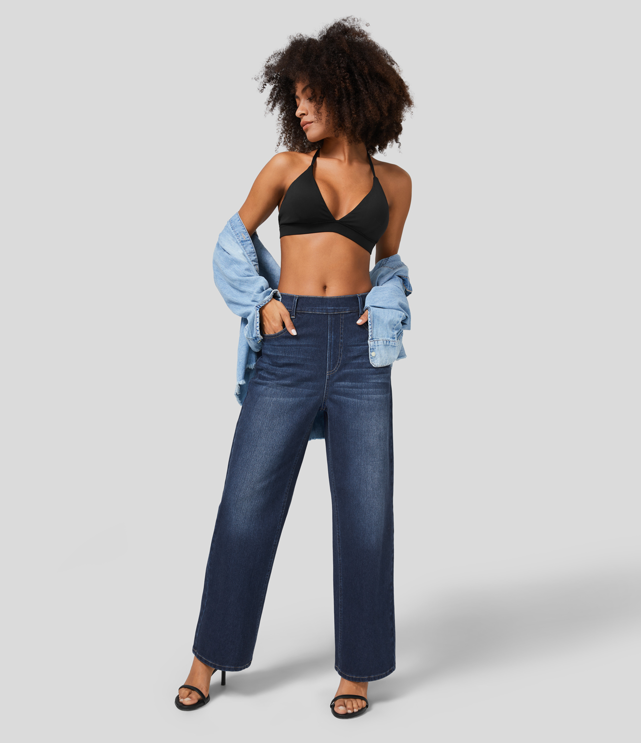HalaraMagic High Waisted Multiple Pockets Washed Stretchy Knit Casual Boyfriend Jeans