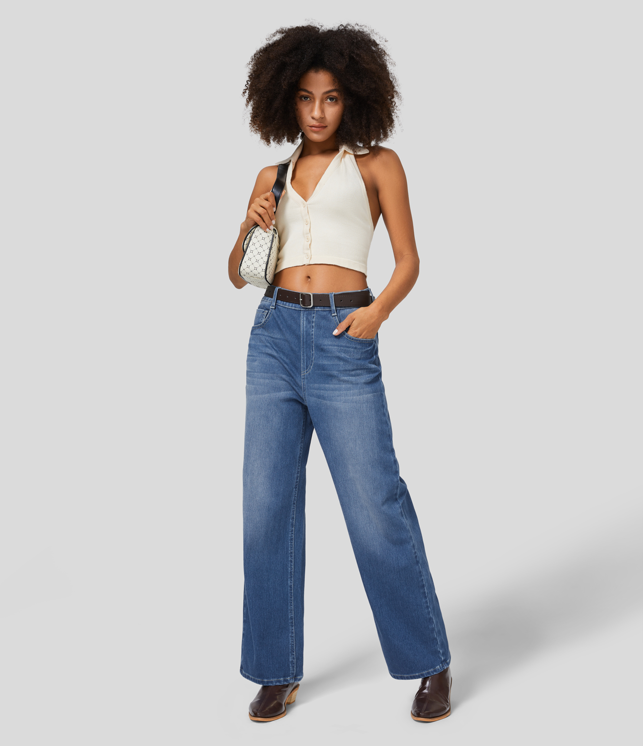 HalaraMagic High Waisted Multiple Pockets Washed Stretchy Knit Casual Boyfriend Jeans