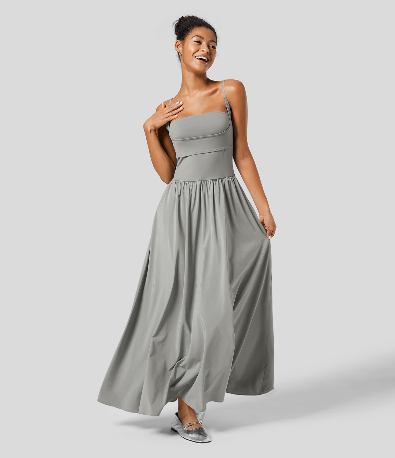 Breezeful Backless Side Pocket Plicated Flowy Flare Maxi Quick Dry Casual Slip Dress
