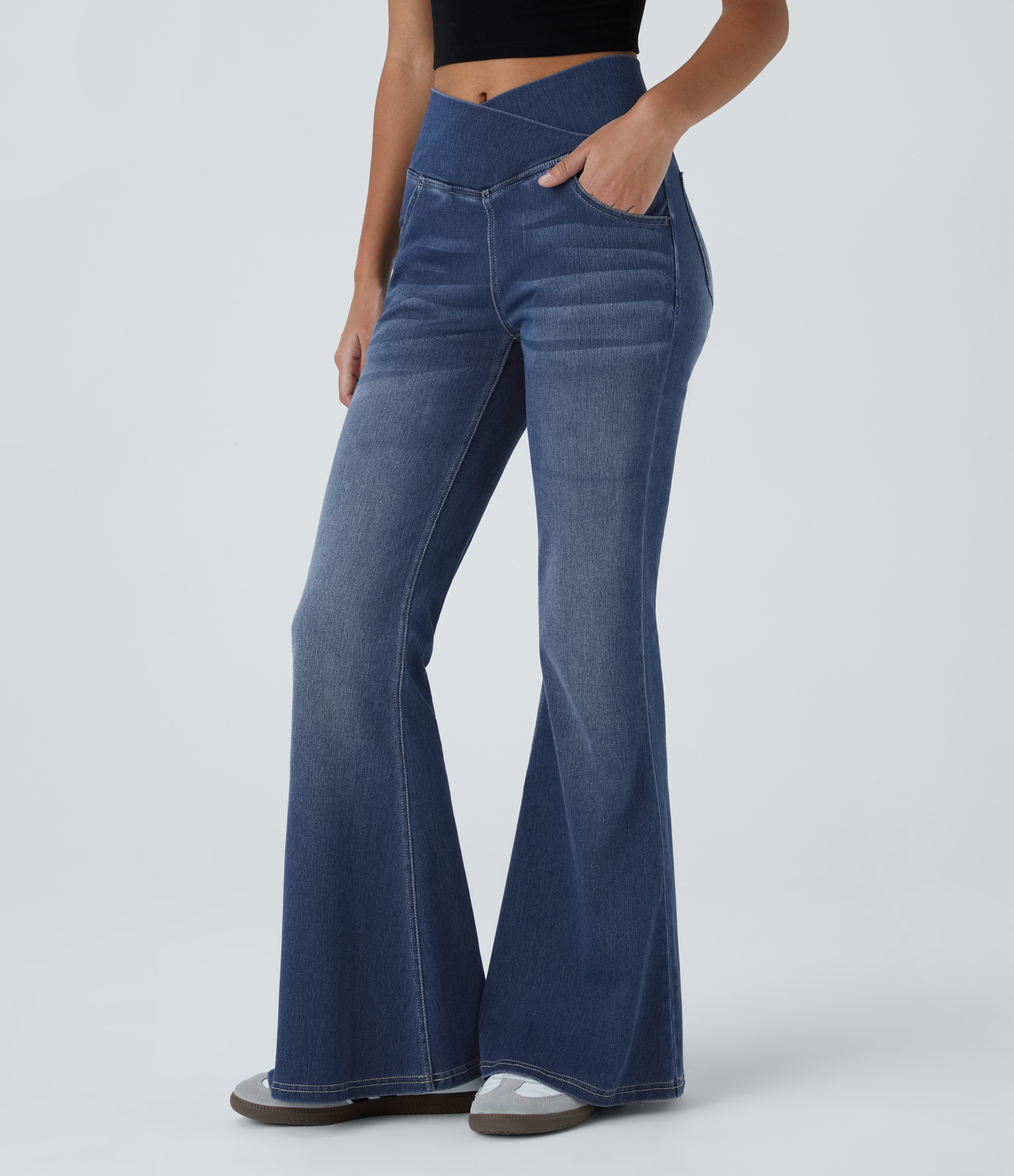 HalaraMagic High Waisted Crossover Pocket Washed Stretchy Knit Casual Flare Jeans