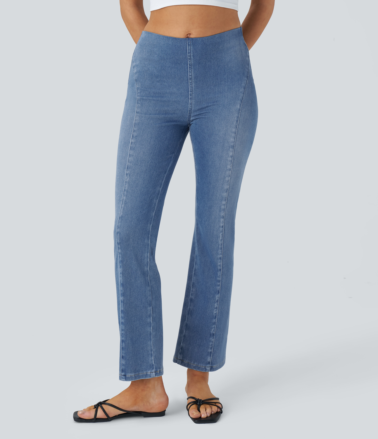 HalaraMagic Mid Rise Back Pockets Cool Touch Washed Stretchy Knit Denim Casual Bootcut Leggings
