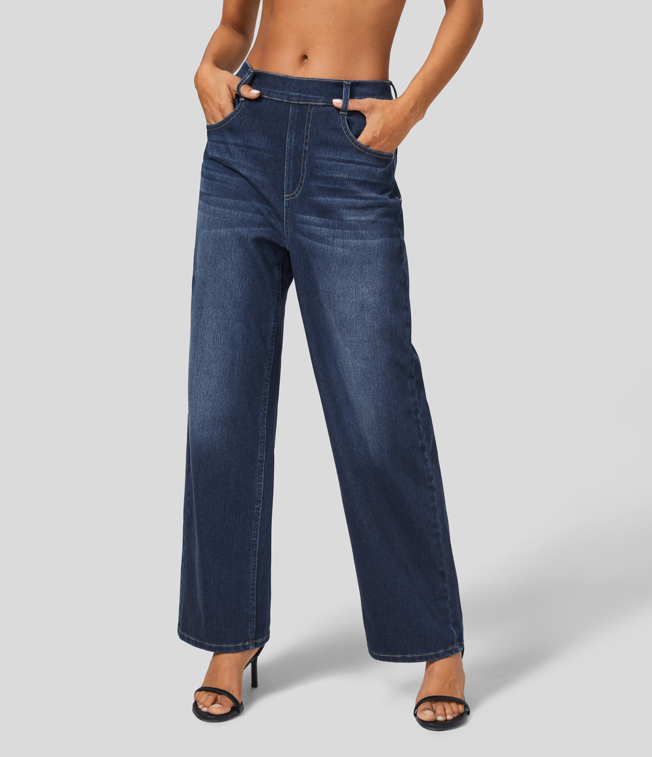 HalaraMagic High Waisted Multiple Pockets Washed Stretchy Knit Casual Boyfriend Jeans