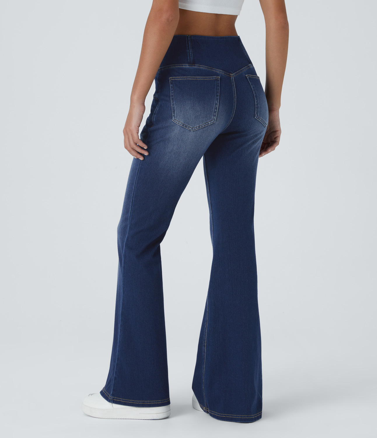HalaraMagic High Waisted Crossover Pocket Washed Stretchy Knit Casual Flare Jeans
