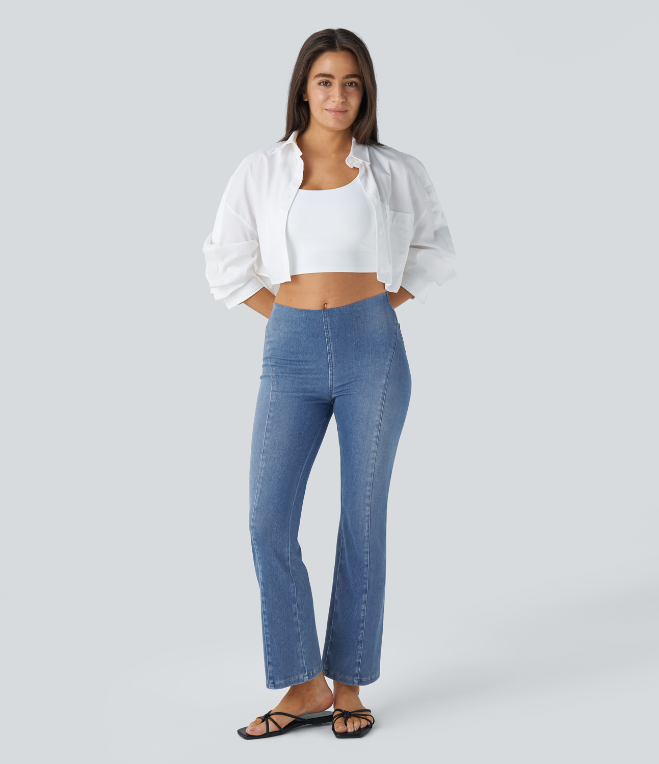 HalaraMagic Mid Rise Back Pockets Cool Touch Washed Stretchy Knit Denim Casual Bootcut Leggings
