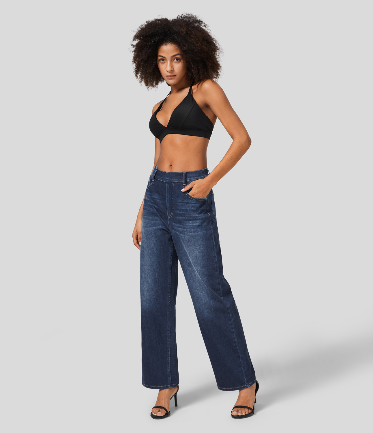 HalaraMagic High Waisted Multiple Pockets Washed Stretchy Knit Casual Boyfriend Jeans