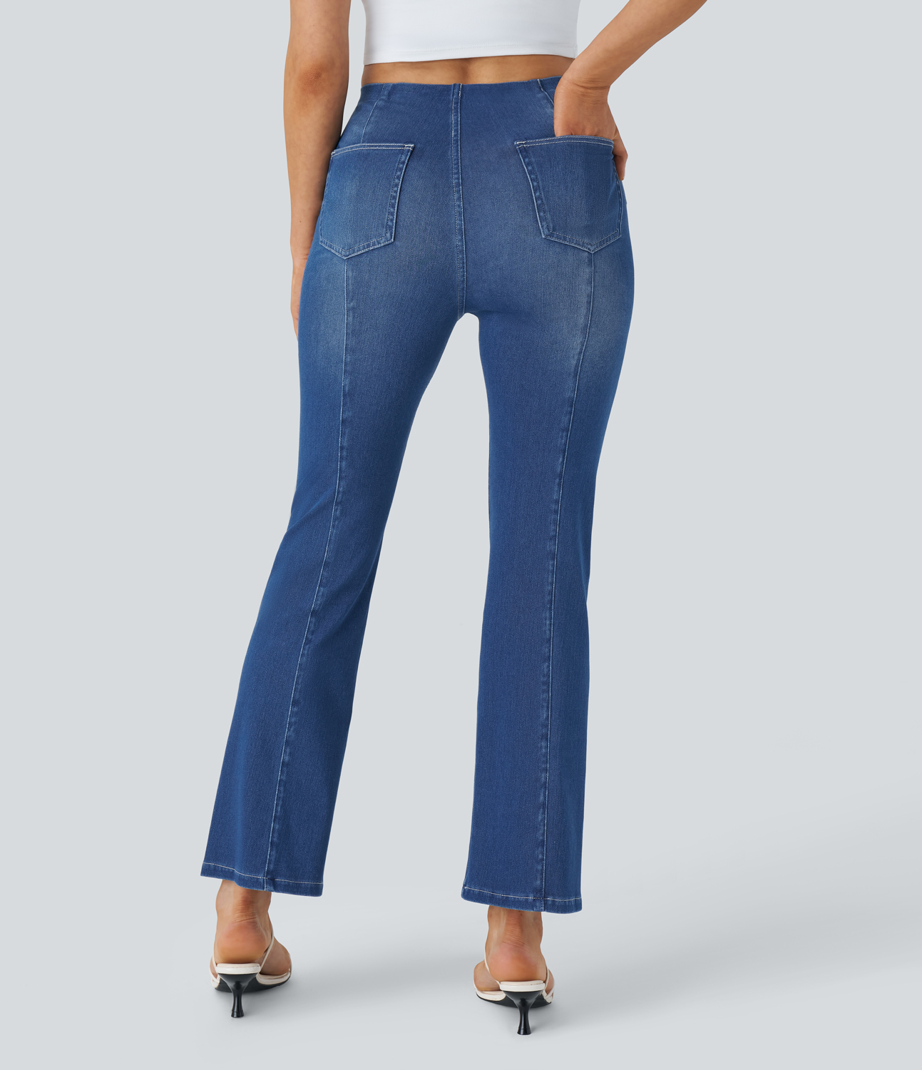 HalaraMagic Mid Rise Back Pockets Cool Touch Washed Stretchy Knit Denim Casual Bootcut Leggings