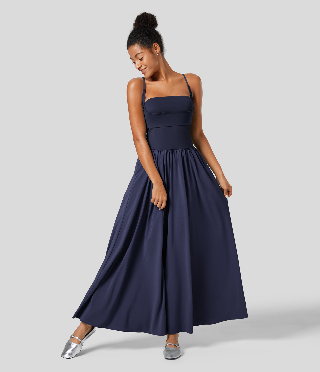 Breezeful Backless Side Pocket Plicated Flowy Flare Maxi Quick Dry Casual Slip Dress