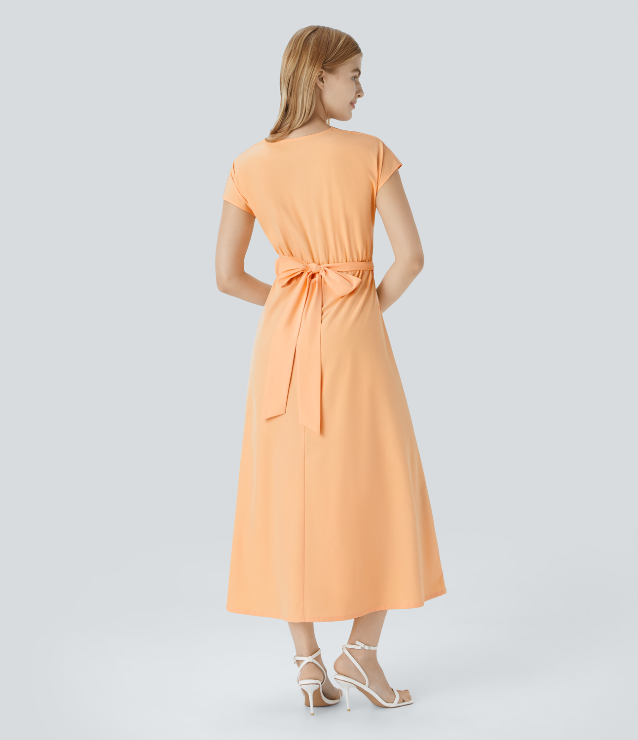 Breezeful V Neck Short Sleeve Side Pocket Tie Back Quick Dry Midi Casual Dress