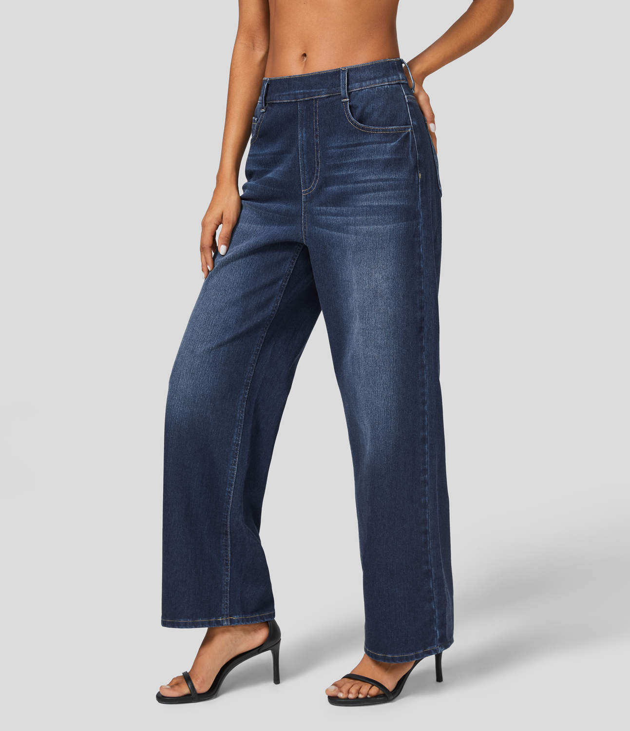 HalaraMagic High Waisted Multiple Pockets Washed Stretchy Knit Casual Boyfriend Jeans