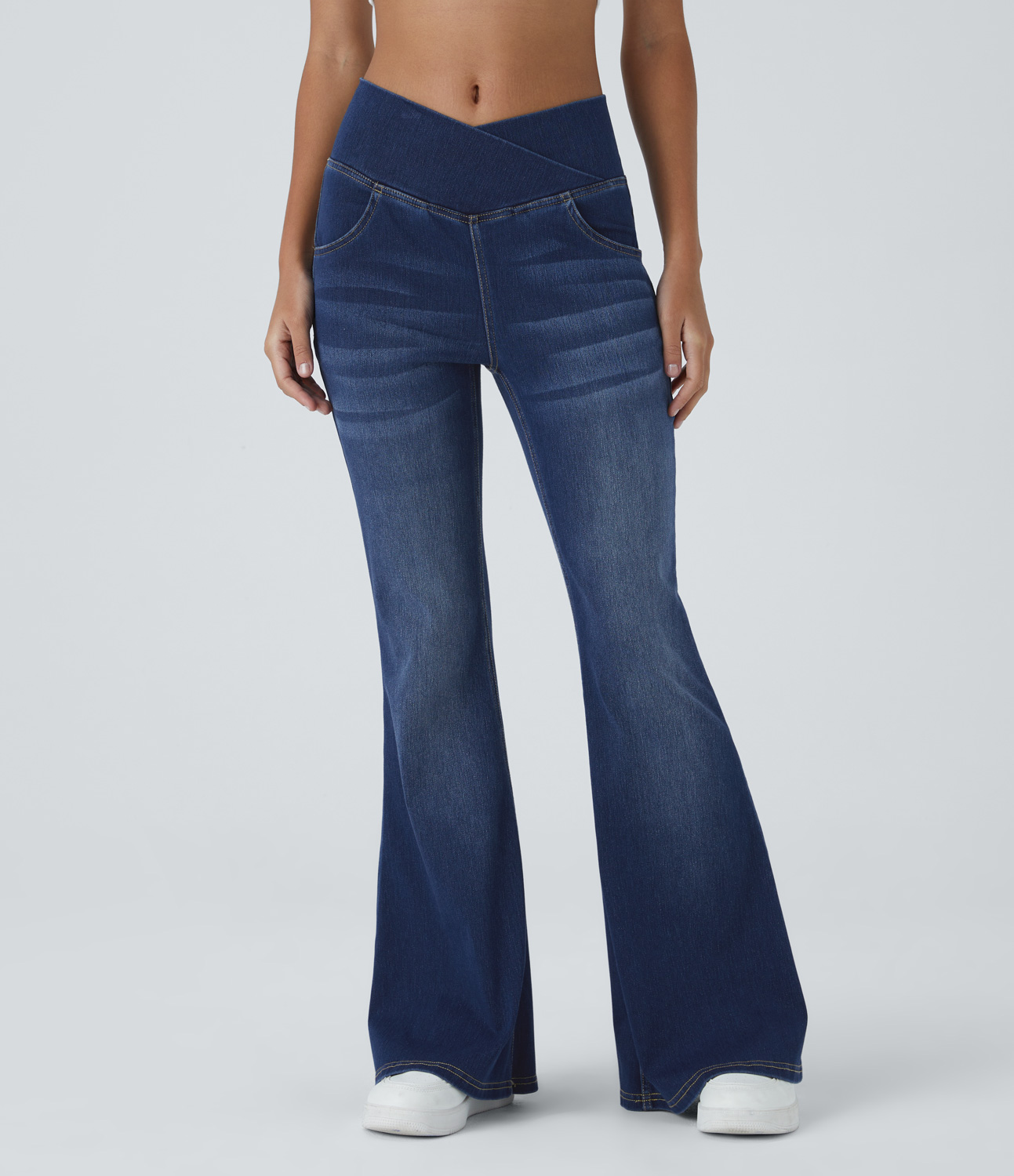 HalaraMagic High Waisted Crossover Pocket Washed Stretchy Knit Casual Flare Jeans
