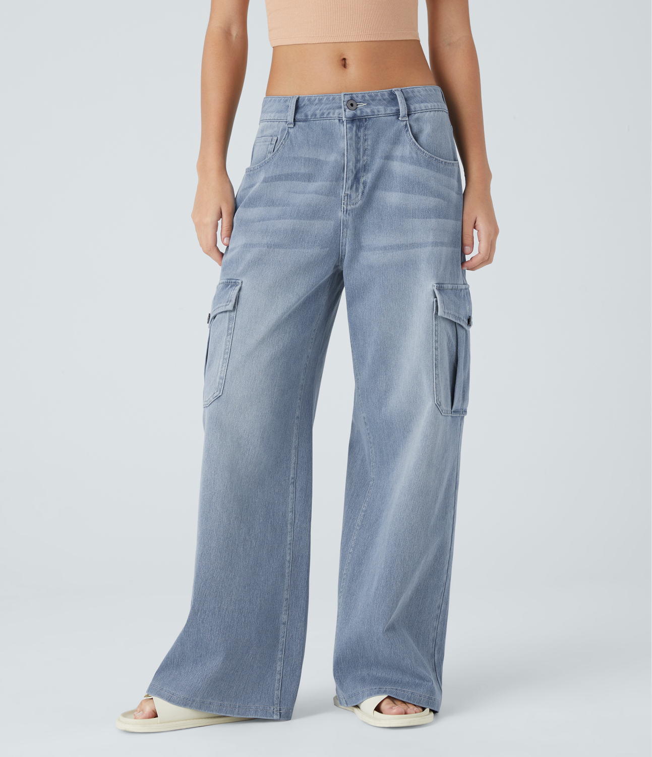 HalaraMagic Low Rise Multiple Pockets Stretchy Knit Casual Wide Leg Cargo Jeans